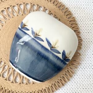 Signed Burslem 2006 Blue Cream Ceramic Glazed Slim Oval Floral Pottery Vase